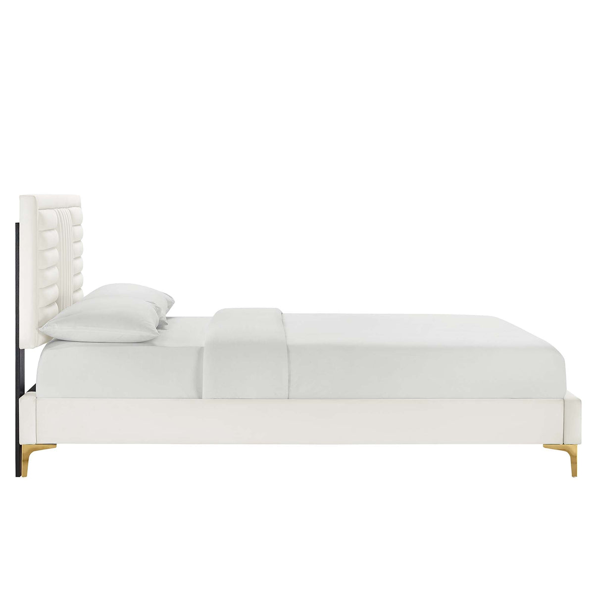 King platform bed Sofia Channel Tufted Velvet in white with tufted headboard and gold legs on Tampa Home & Garden Store