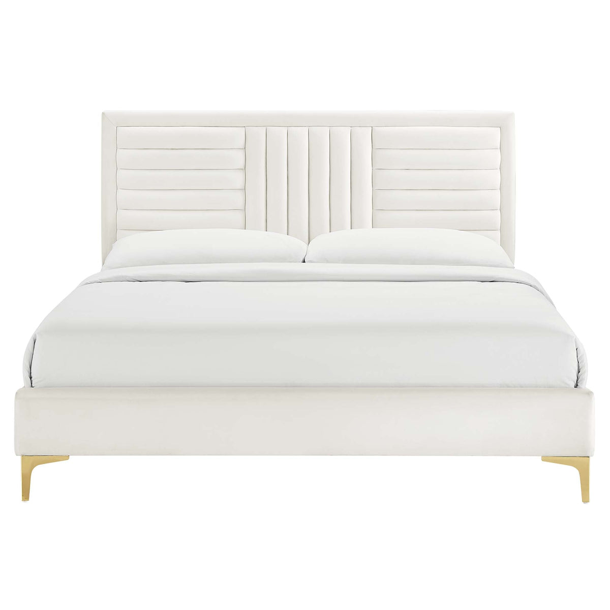 Sofia channel tufted velvet king platform bed in white with tufted headboard and gold legs on Tampa Home & Garden Store