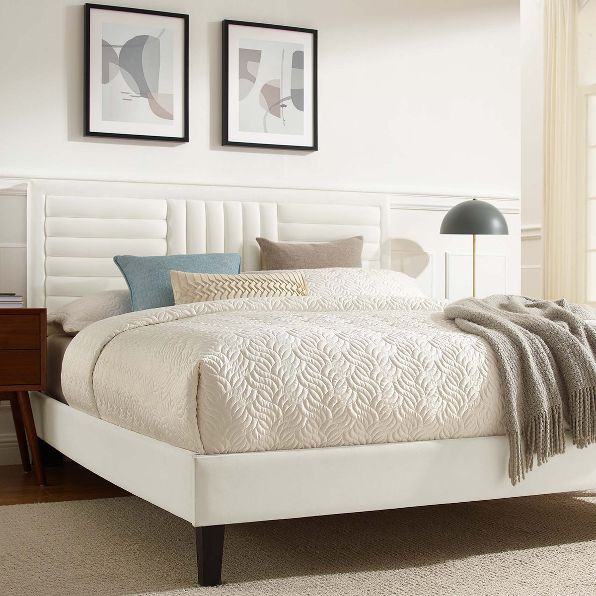 Sofia Channel Tufted Velvet King Platform Bed white headboard with dark legs HouseOfZazla on Tampa Home & Garden Store