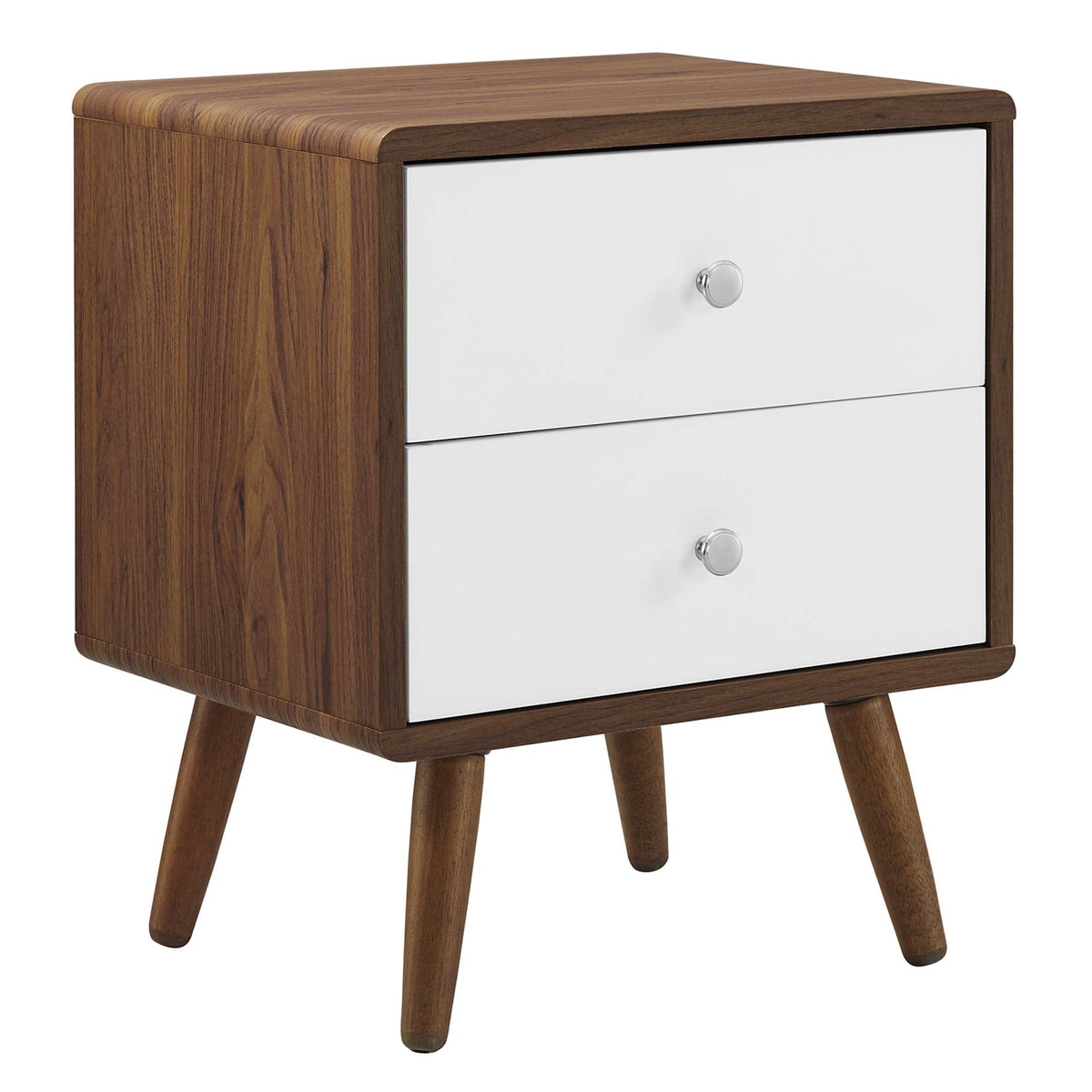 Transmit 2-Drawer Nightstand by Modway; walnut frame, white fronts, round silver knobs on Tampa Home & Garden Store