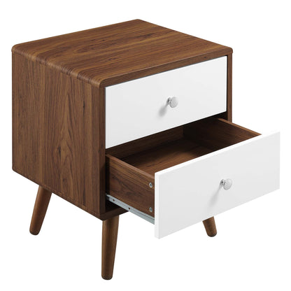Transmit 2-Drawer Nightstand by Modway, walnut wood with white fronts and silver knobs on Tampa Home & Garden Store