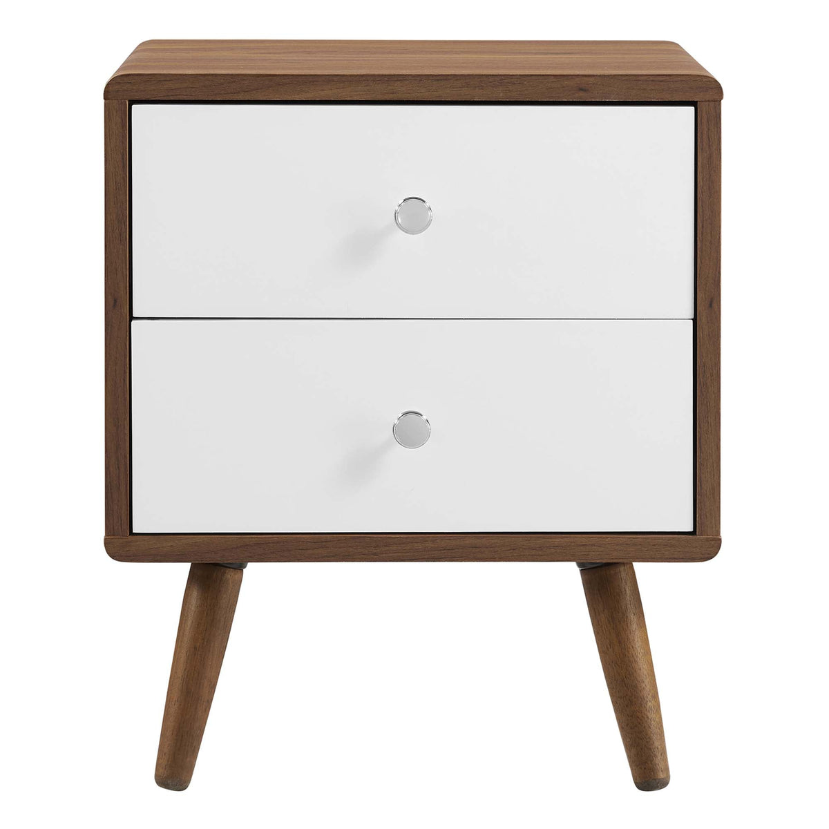 Transmit 2-Drawer Nightstand with white fronts, warm wood frame and mid-century legs on Tampa Home & Garden Store