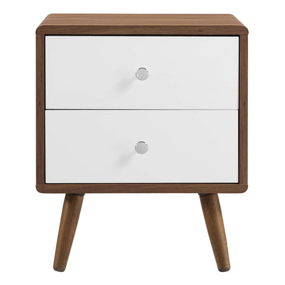 Transmit 2-Drawer Nightstand with white fronts, warm wood frame and mid-century legs on Tampa Home & Garden Store