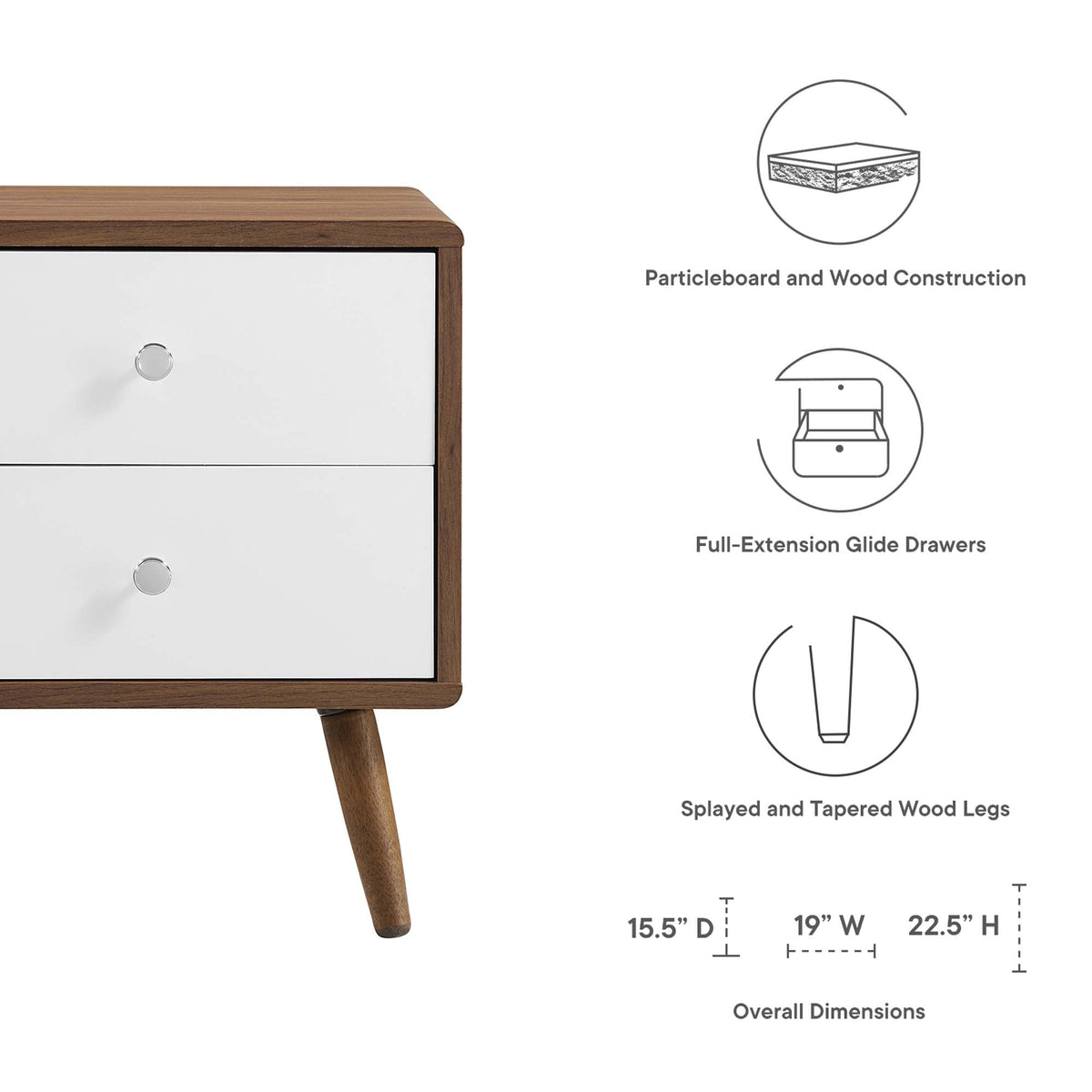 Transmit 2-Drawer Nightstand wood frame white fronts tapered legs HouseOfZazla on Tampa Home & Garden Store