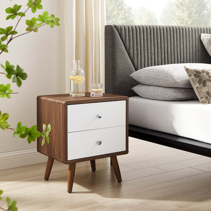 Transmit 2-Drawer Nightstand wood veneer frame with white fronts, mid-century modern tapered legs on Tampa Home & Garden Store