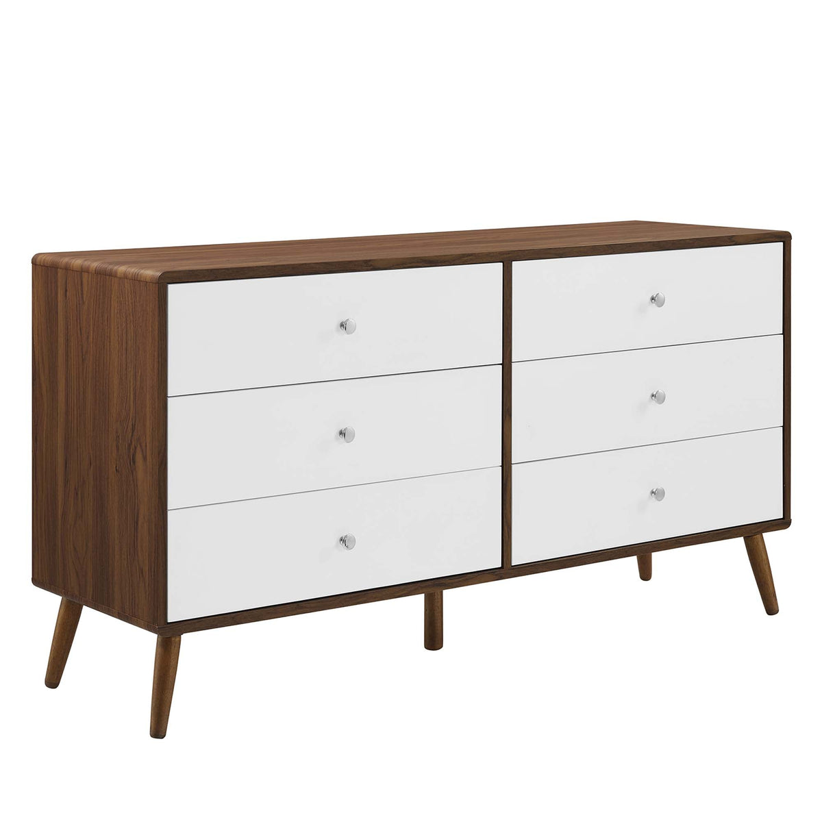 Transmit 60in 6-drawer dresser with walnut frame and white fronts, mid-century legs on Tampa Home & Garden Store