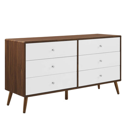 Transmit 60in 6-drawer dresser with walnut frame and white fronts, mid-century legs on Tampa Home & Garden Store