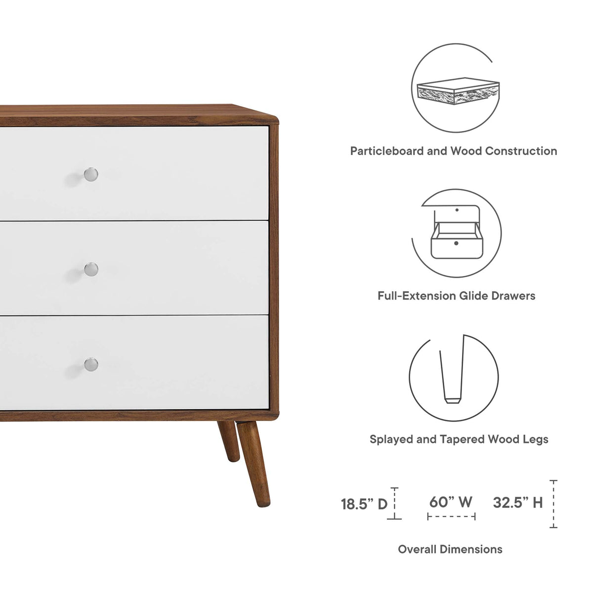 Modway Transmit 60in 6-drawer dresser with walnut wood frame and white fronts, mid-century legs on Tampa Home & Garden Store