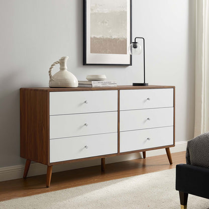 Transmit 60in 6-drawer dresser with walnut wood frame and white fronts on Tampa Home & Garden Store