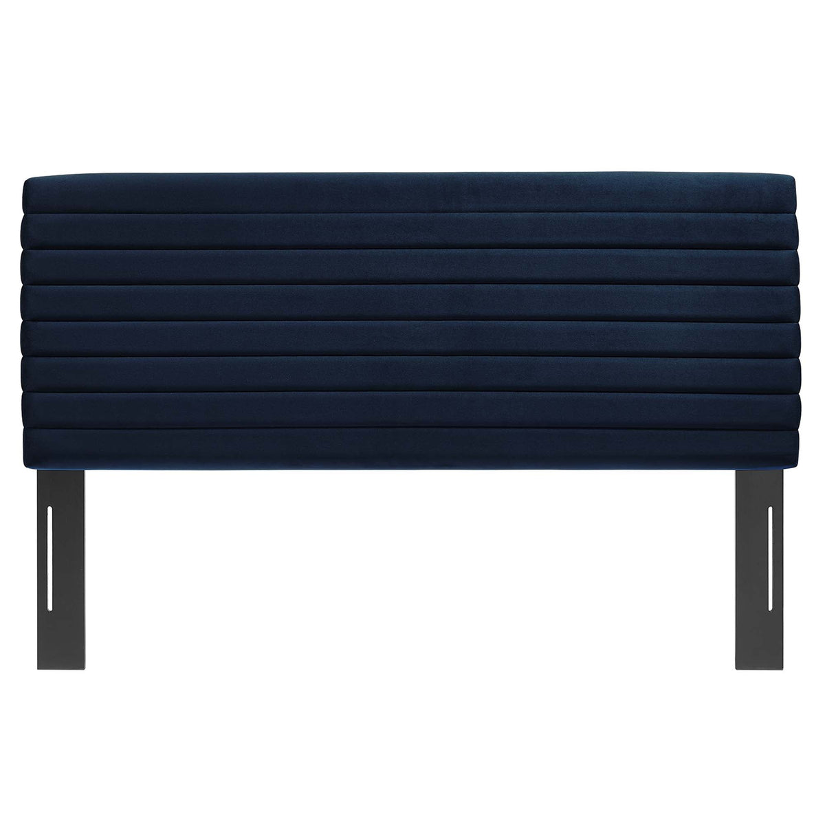 Tranquil full/queen headboard navy blue fabric with padded channels and metal legs on Tampa Home & Garden Store