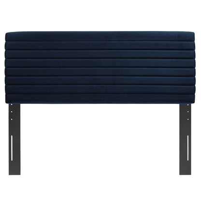 Tranquil full/queen padded headboard navy blue fabric with horizontal bands on a metal frame on Tampa Home & Garden Store