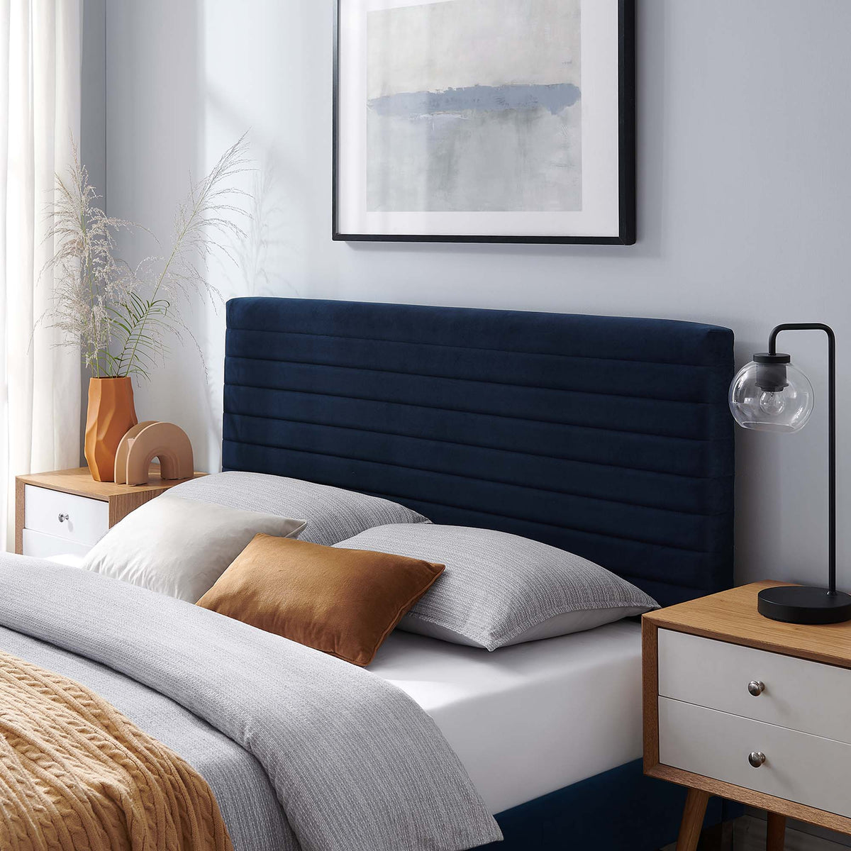 Tranquil full/queen upholstered headboard by Modway in navy fabric with channel tufting on Tampa Home & Garden Store