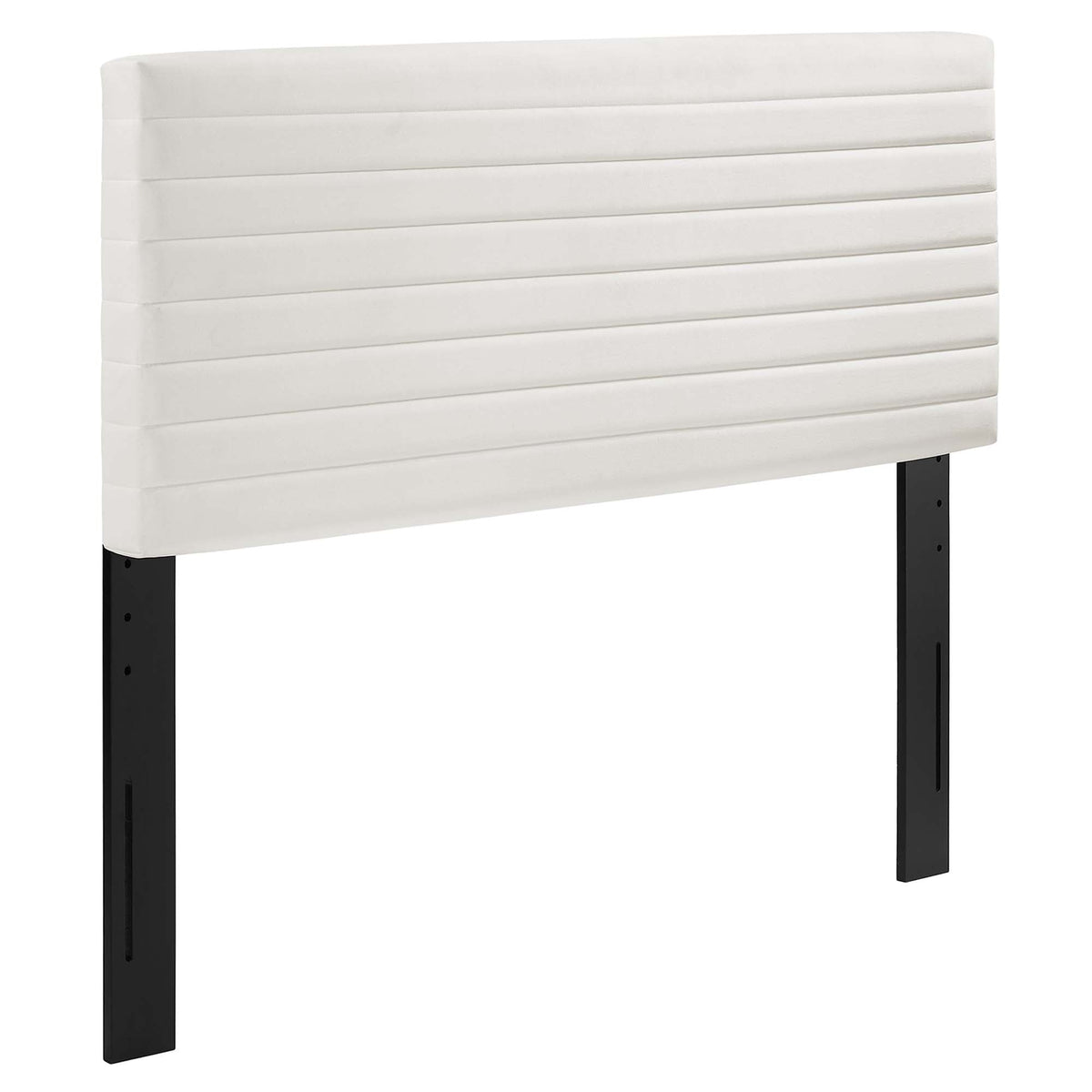 Tranquil Full/Queen headboard white fabric with horizontal channels and black metal legs on Tampa Home & Garden Store