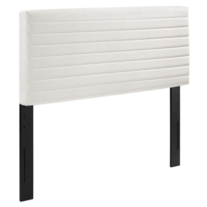 Tranquil Full/Queen headboard white fabric with horizontal channels and black metal legs on Tampa Home & Garden Store