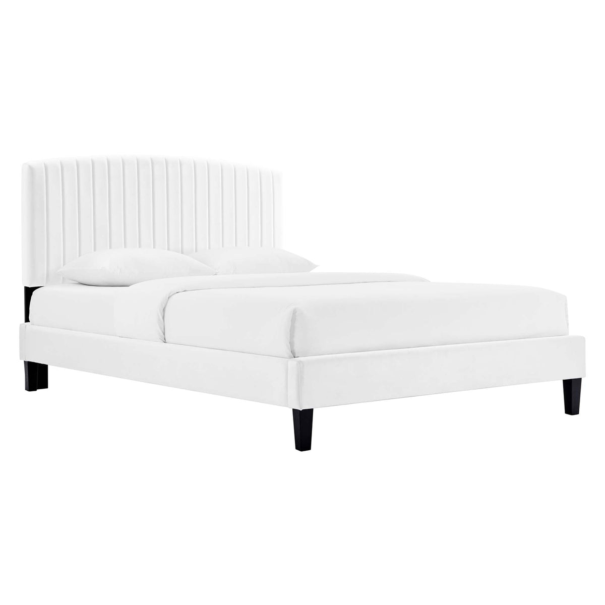 Alessi Performance Velvet Platform Bed white velvet, vertical tufted headboard, black legs on Tampa Home & Garden Store