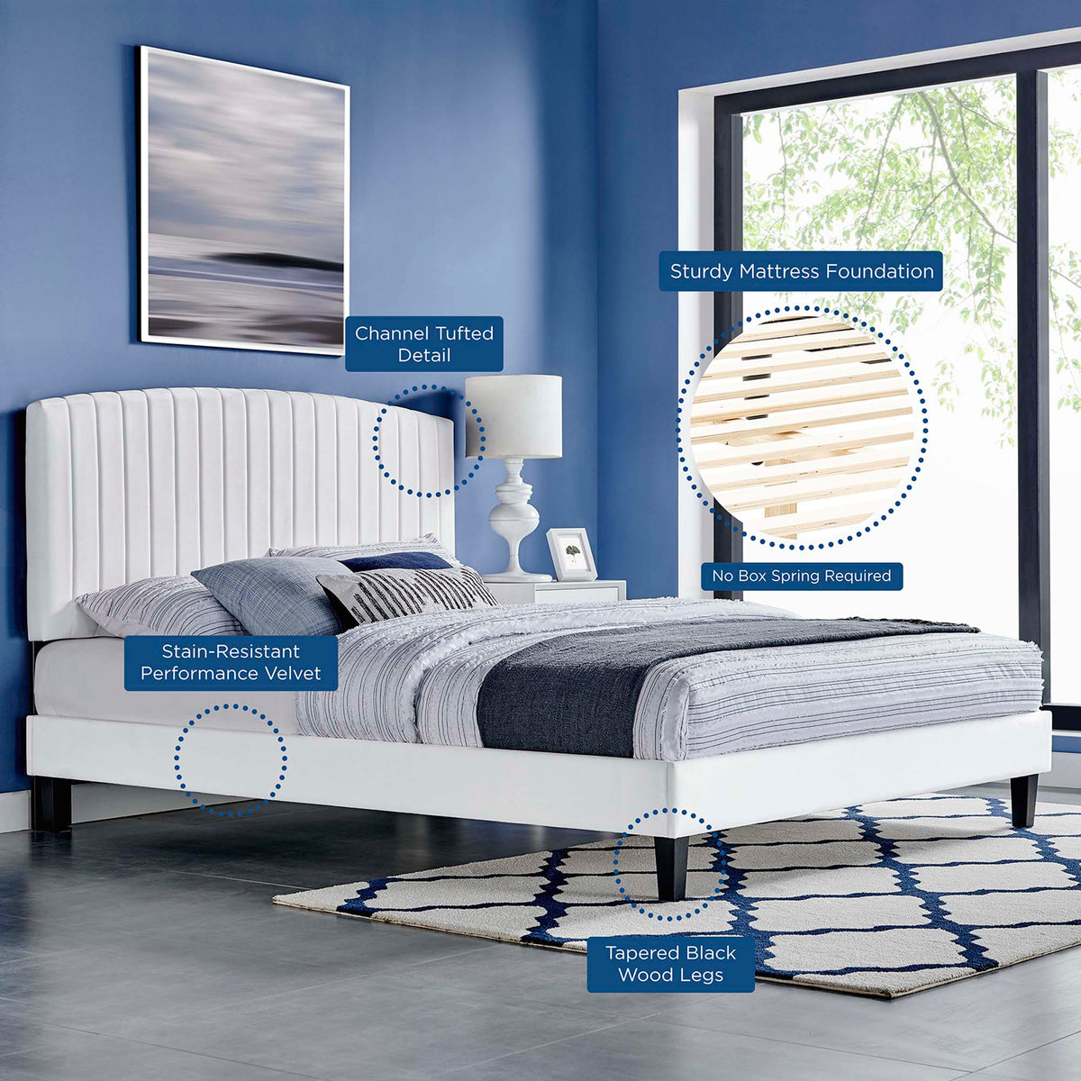 Alessi Performance Velvet Platform Bed with white tufted headboard and tapered black wood legs on Tampa Home & Garden Store