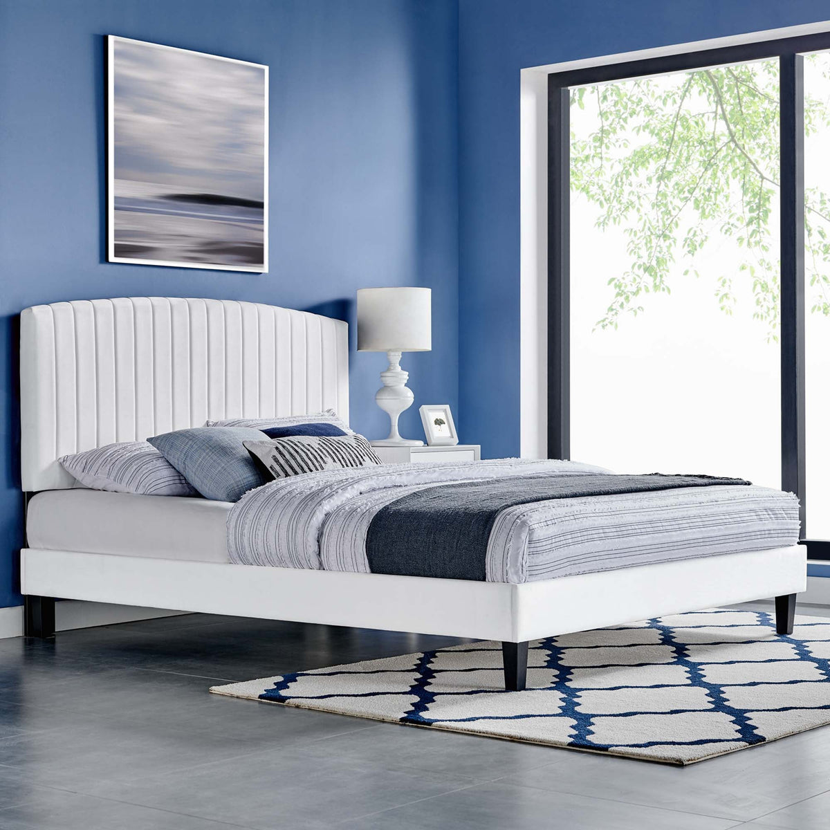 Alessi Performance Velvet Platform Bed by Modway white tufted bed with bedskirts on Tampa Home & Garden Store