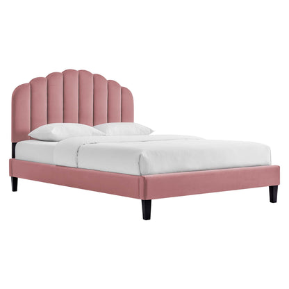 Daisy Performance Velvet Platform Bed with pink scalloped headboard and bed skirt by Modway on Tampa Home & Garden Store