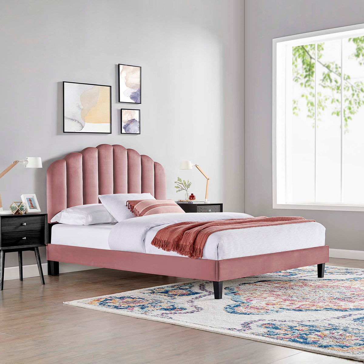 Daisy Performance Velvet Platform Bed by Modway in pink velvet with scalloped headboard on Tampa Home & Garden Store