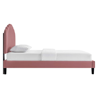 Daisy Performance Velvet Platform Bed pink headboard and frame with white bedding on Tampa Home & Garden Store