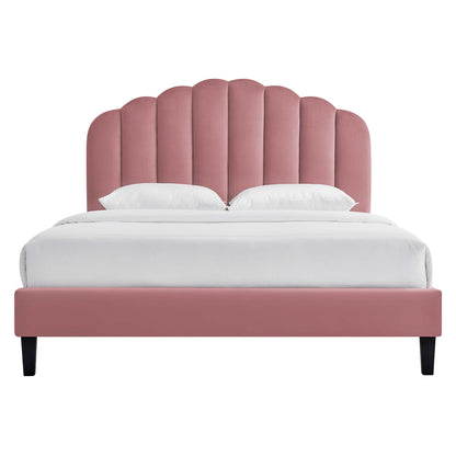 Pink Daisy Velvet Platform Bed with scalloped headboard and white bedding on black legs on Tampa Home & Garden Store