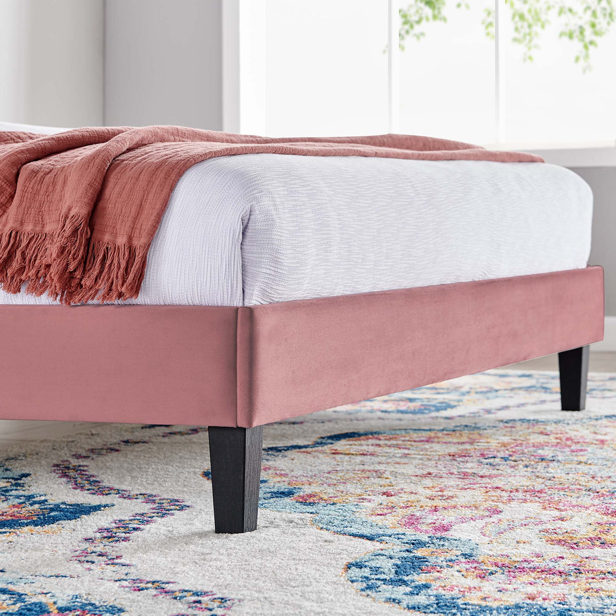 Modway Daisy Performance Velvet Platform Bed pink with black legs and bed skirt visible on Tampa Home & Garden Store