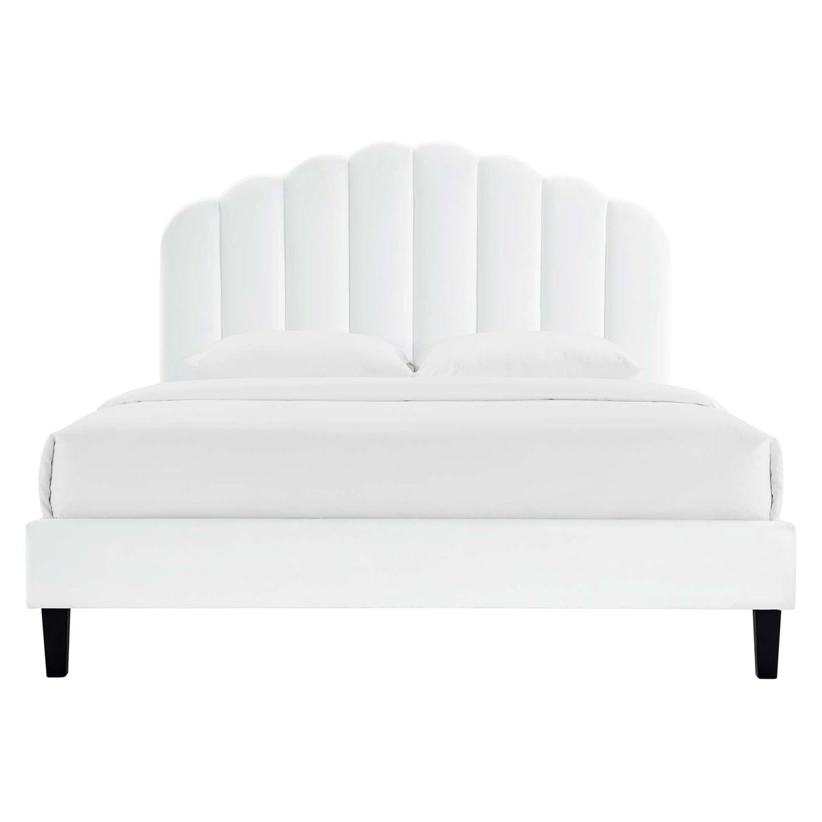 Daisy Performance Velvet Platform Bed white velvet with scalloped headboard and bedskirts on Tampa Home & Garden Store