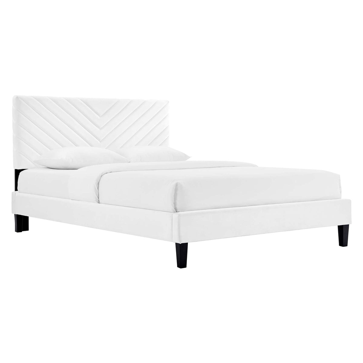 Roxanne Velvet Platform Bed by Modway in white velvet with chevron headboard on Tampa Home & Garden Store