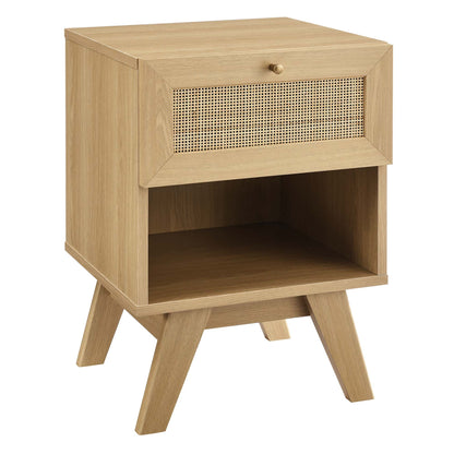 Modway Soma 1-Drawer Nightstand in light oak with woven cane drawer front and angled legs on Tampa Home & Garden Store