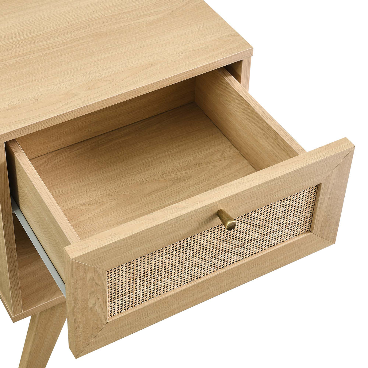 Soma 1-Drawer Nightstand by Modway in natural oak with cane-front drawer and brass handle on Tampa Home & Garden Store