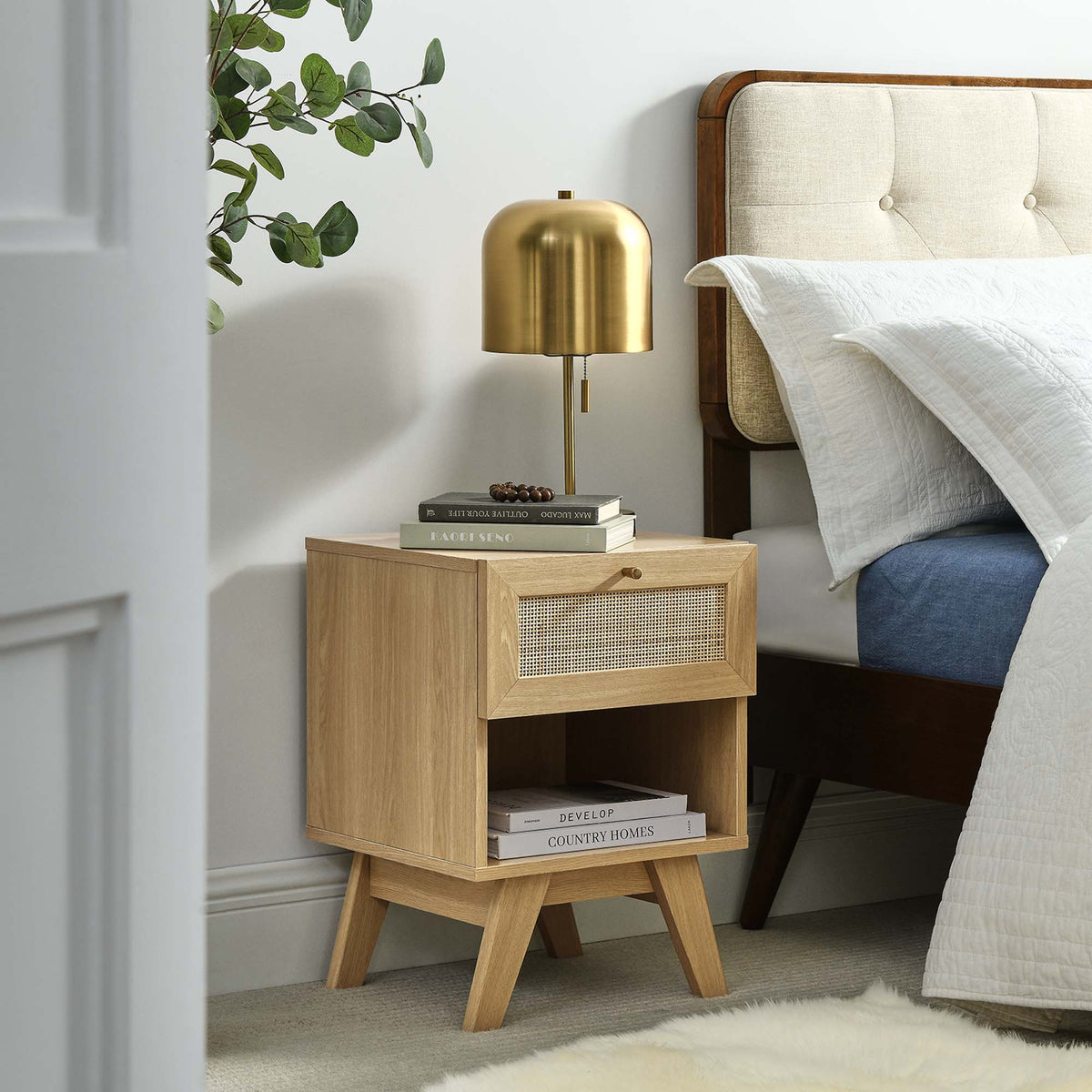 Soma 1-Drawer Nightstand by Modway in natural wood with cane-front drawer on Tampa Home & Garden Store