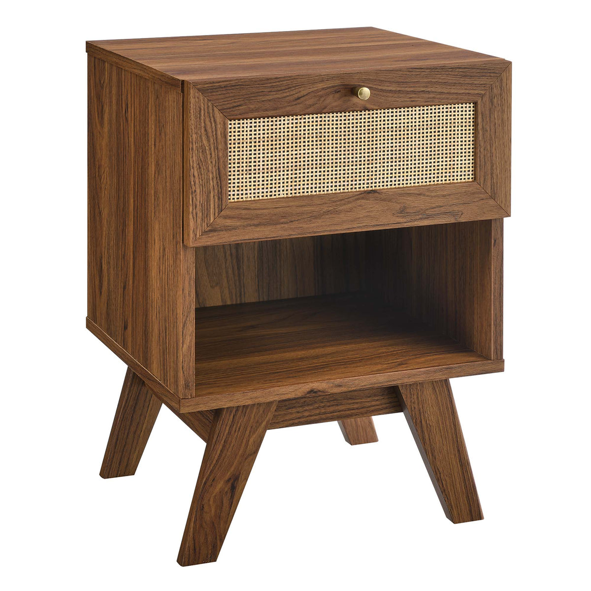 Soma 1-Drawer Nightstand with woven cane front, warm wood finish and brass knob on Tampa Home & Garden Store
