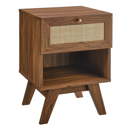 Soma 1-Drawer Nightstand with woven cane front, warm wood finish and brass knob on Tampa Home & Garden Store
