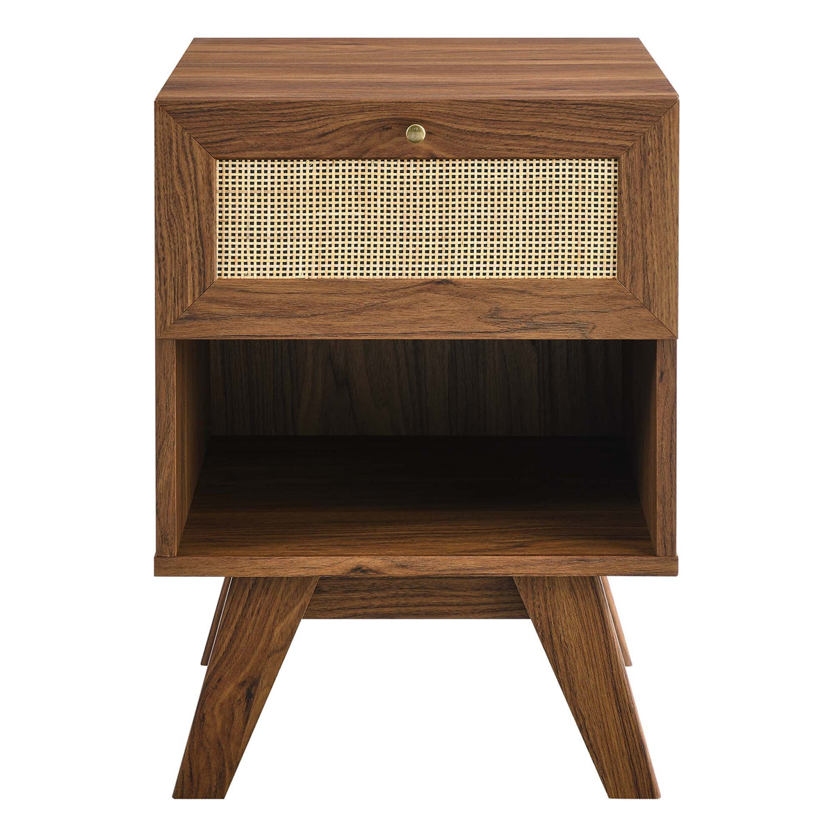 Soma 1-Drawer Nightstand wooden frame with cane-woven panel and brass knob on Tampa Home & Garden Store
