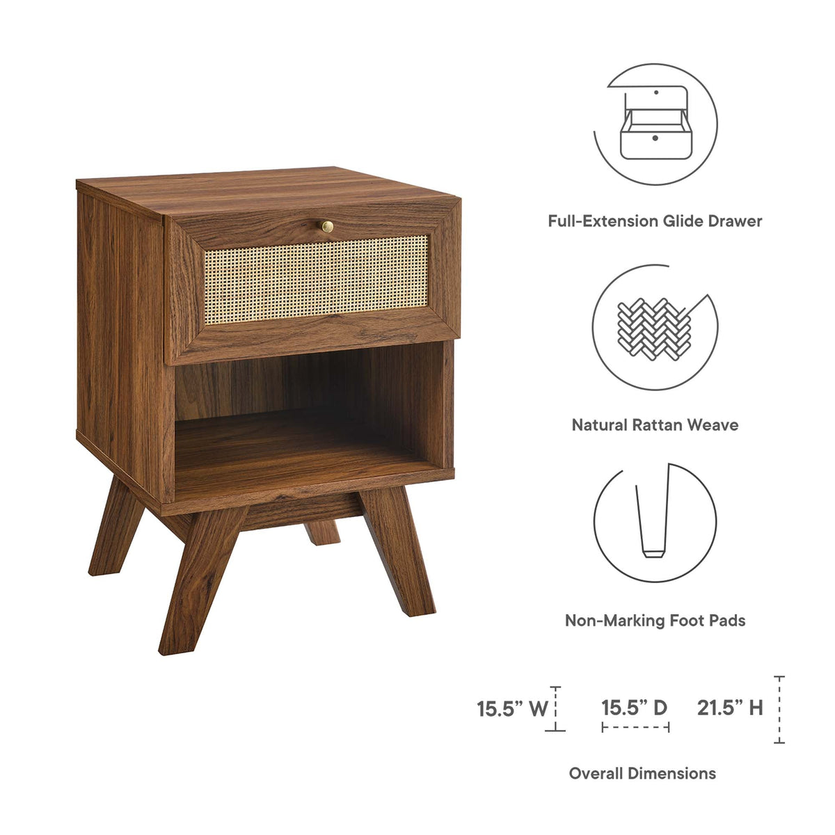 Soma 1-Drawer Nightstand wood with natural rattan cane front and mid-century legs on Tampa Home & Garden Store
