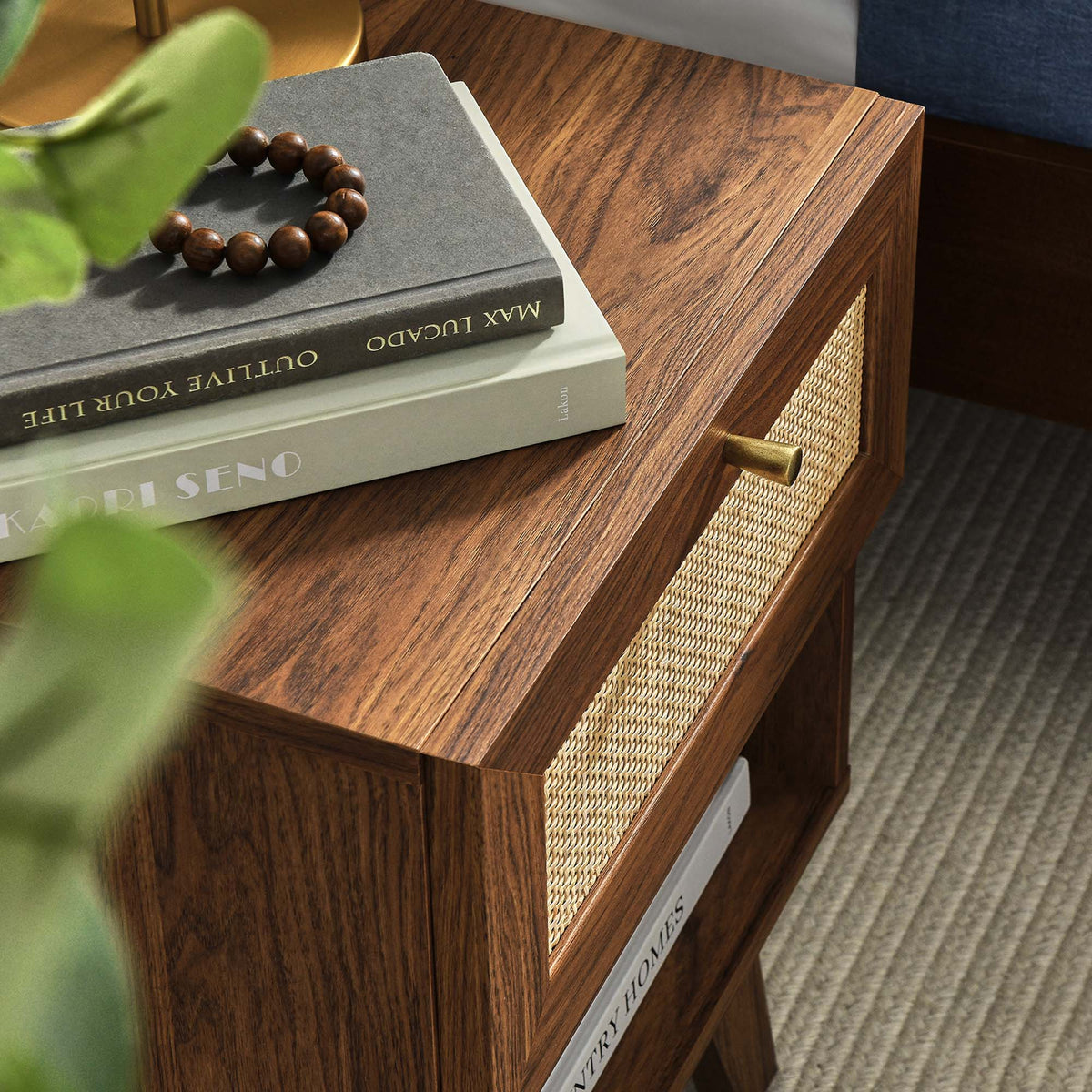 Soma 1-Drawer Nightstand by Modway in walnut finish with woven cane drawer panels on Tampa Home & Garden Store