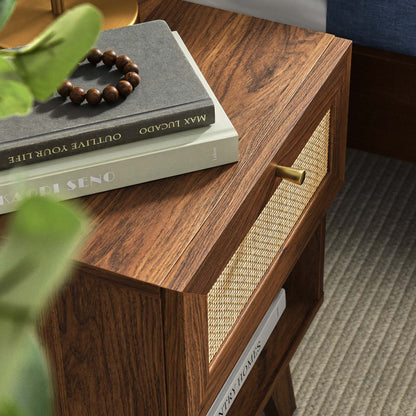 Soma 1-Drawer Nightstand by Modway in walnut finish with woven cane drawer panels on Tampa Home & Garden Store
