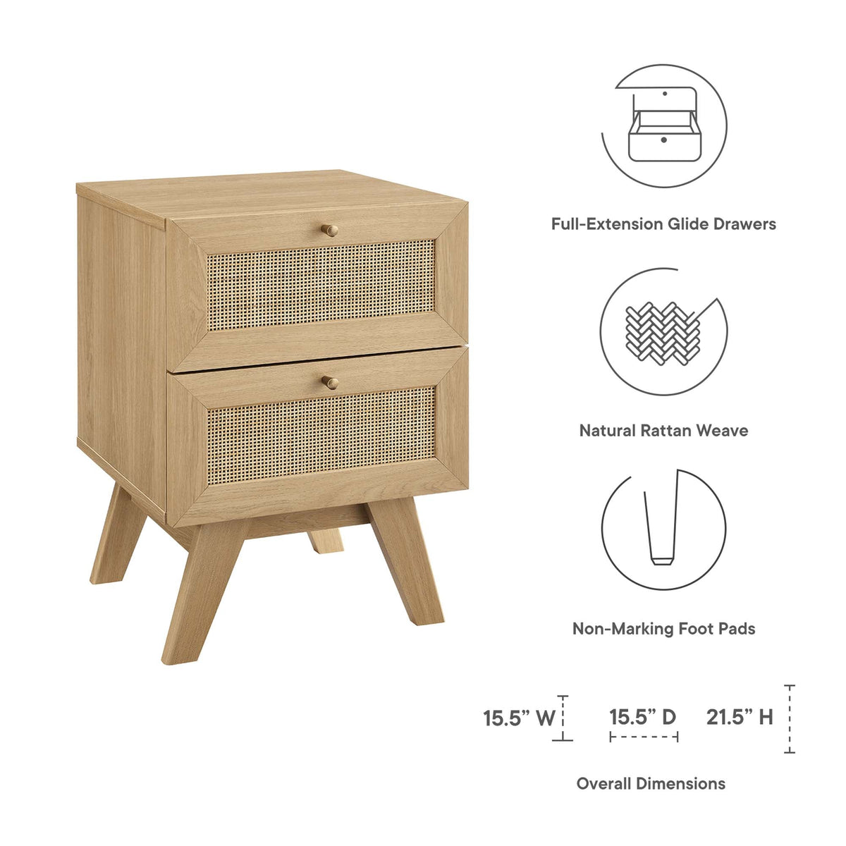 Soma 2-Drawer Nightstand natural wood with cane front panels and round knobs on Tampa Home & Garden Store