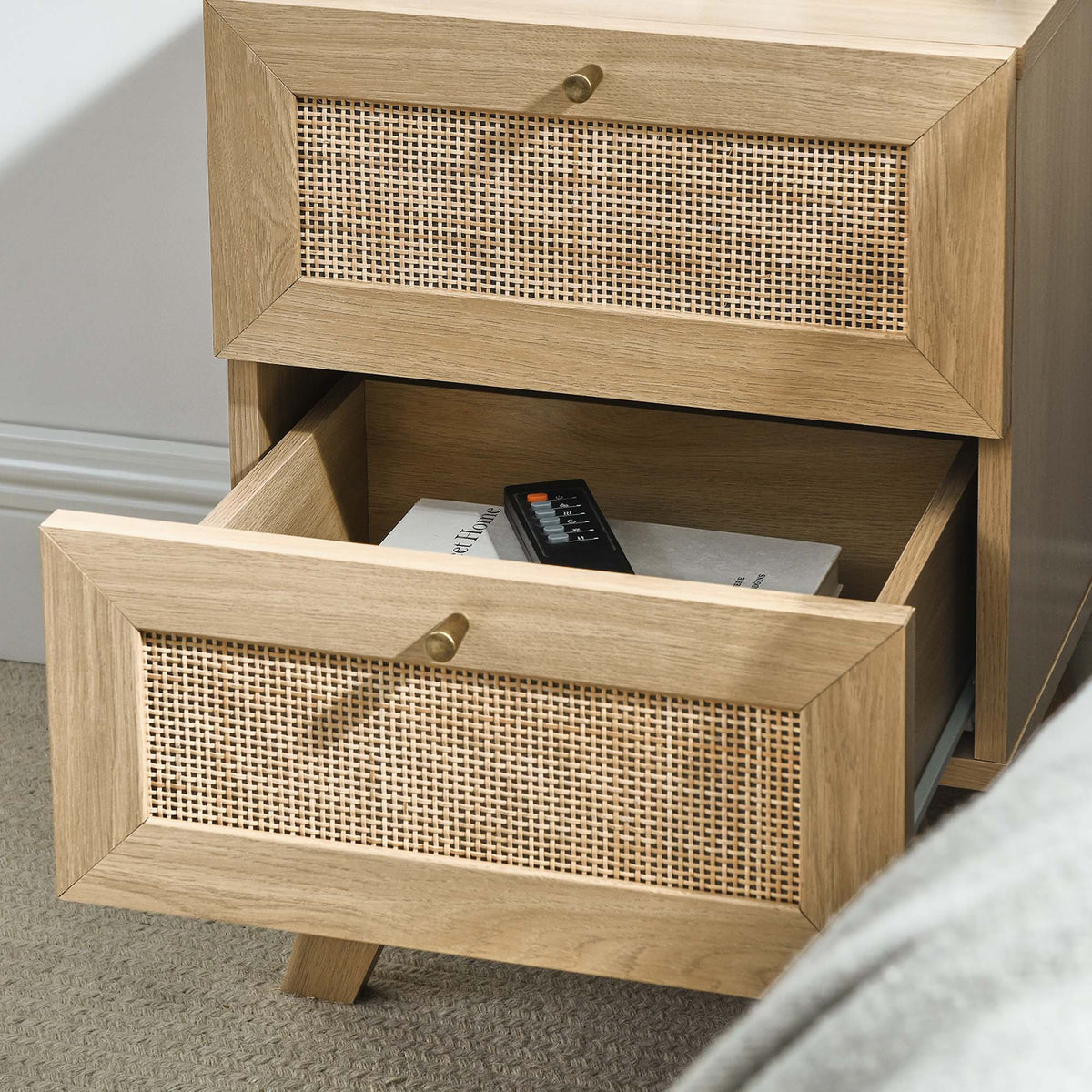 Soma 2-Drawer Nightstand with woven cane front in light oak finish on Tampa Home & Garden Store