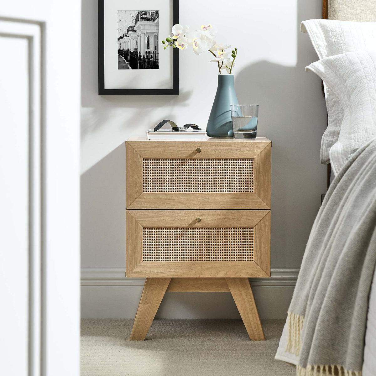 Modway Soma 2-Drawer Nightstand in natural wood with cane-front drawers on Tampa Home & Garden Store