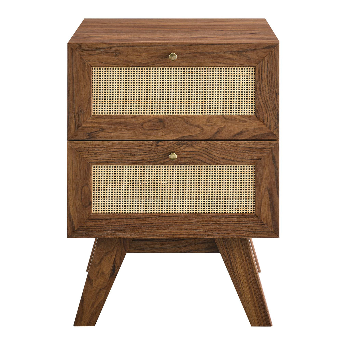 Soma 2-Drawer Nightstand by Modway in walnut wood with caned drawer fronts, brass knobs on Tampa Home & Garden Store