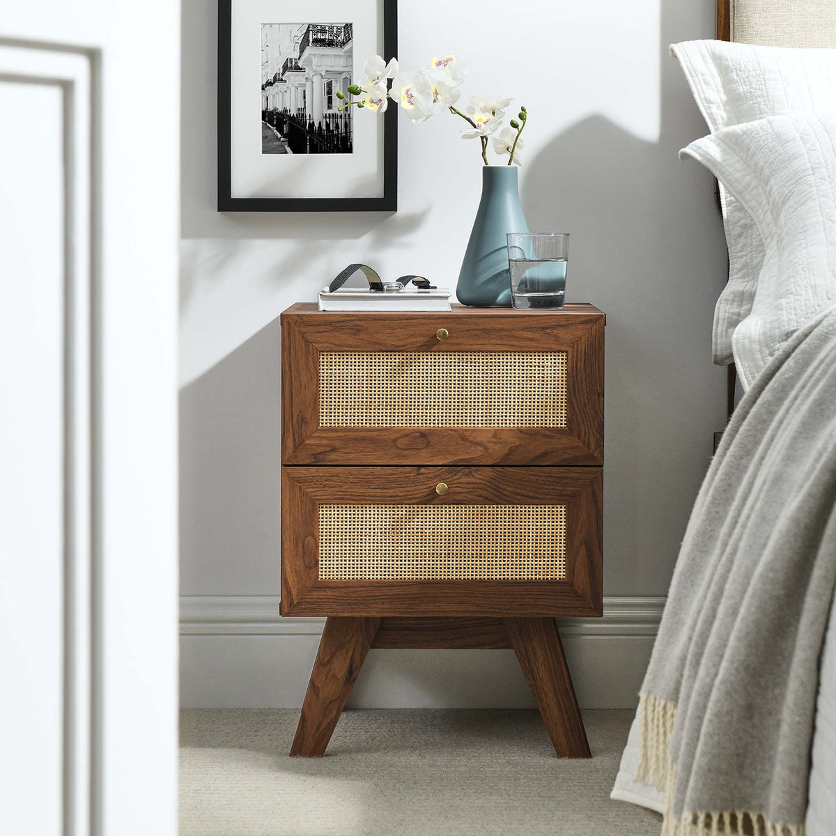 Soma 2-Drawer Nightstand by Modway, natural wood with cane-front drawers on Tampa Home & Garden Store