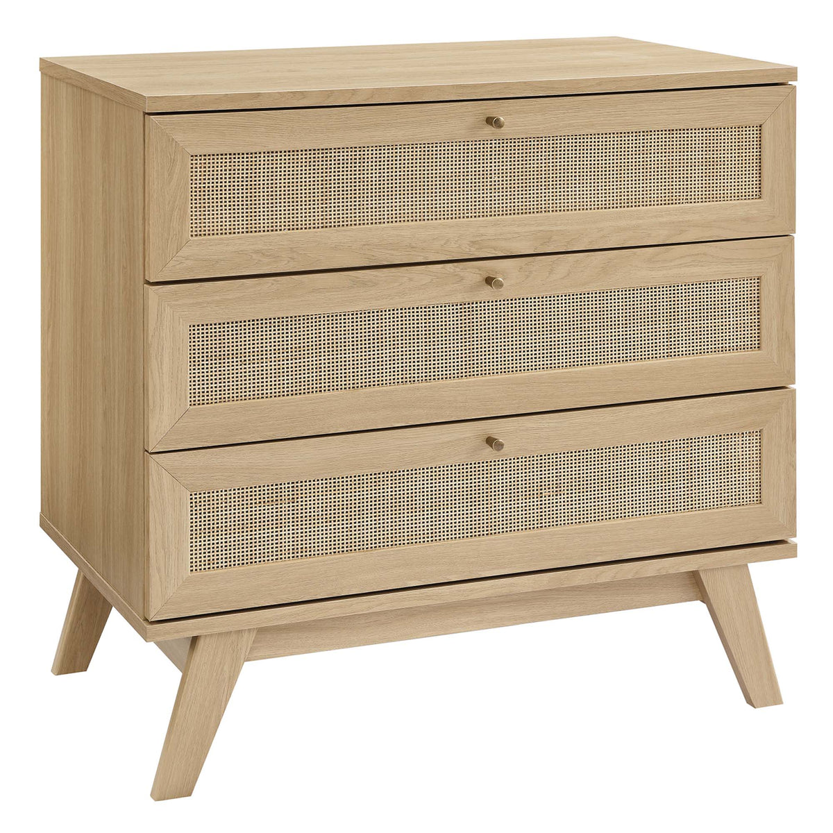 Soma 3-Drawer Dresser by Modway, natural wood finish with caned drawer fronts and angled legs on Tampa Home & Garden Store
