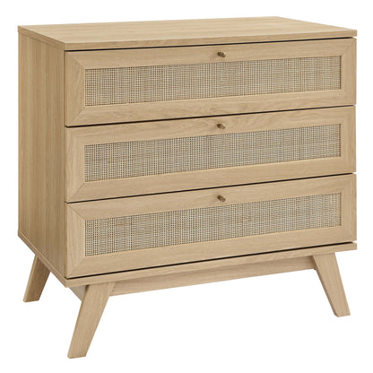Soma 3-Drawer Dresser by Modway, natural wood finish with caned drawer fronts and angled legs on Tampa Home & Garden Store