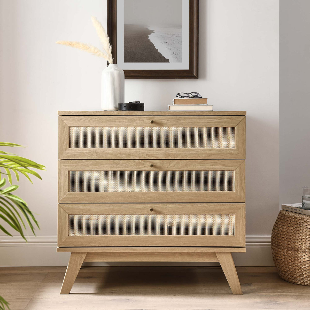 Soma 3-Drawer Dresser by Modway in natural wood with cane-front drawers and angled legs on Tampa Home & Garden Store