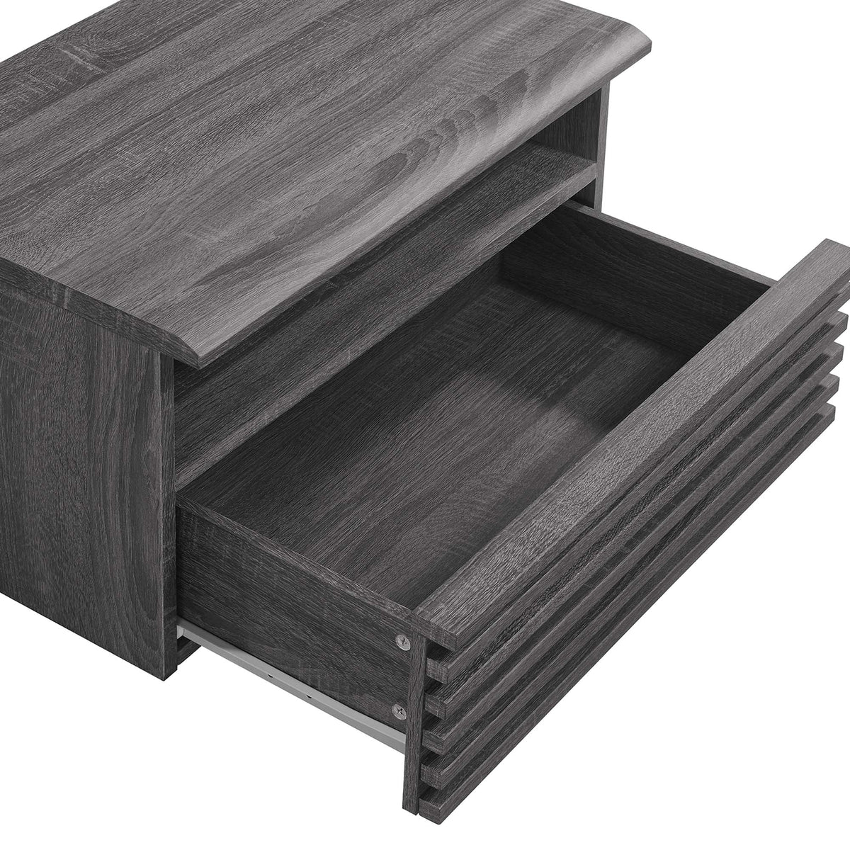 Render wall-mount nightstand with dark woodgrain finish and open shelf storage on Tampa Home & Garden Store