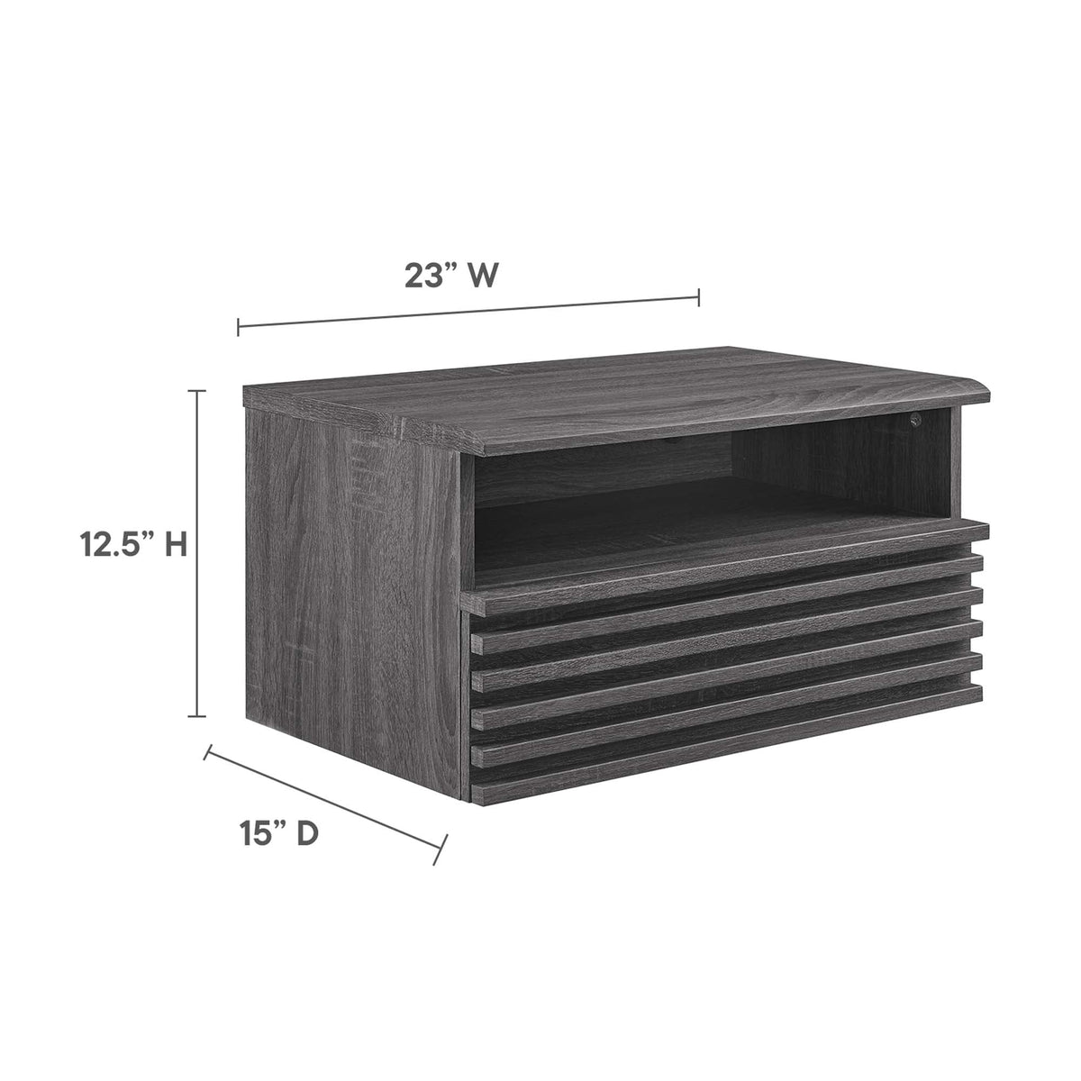 Render wall-mount nightstand in dark wood grain with open shelf and slatted lower panel on Tampa Home & Garden Store
