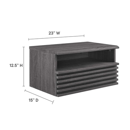 Render wall-mount nightstand in dark wood grain with open shelf and slatted lower panel on Tampa Home & Garden Store
