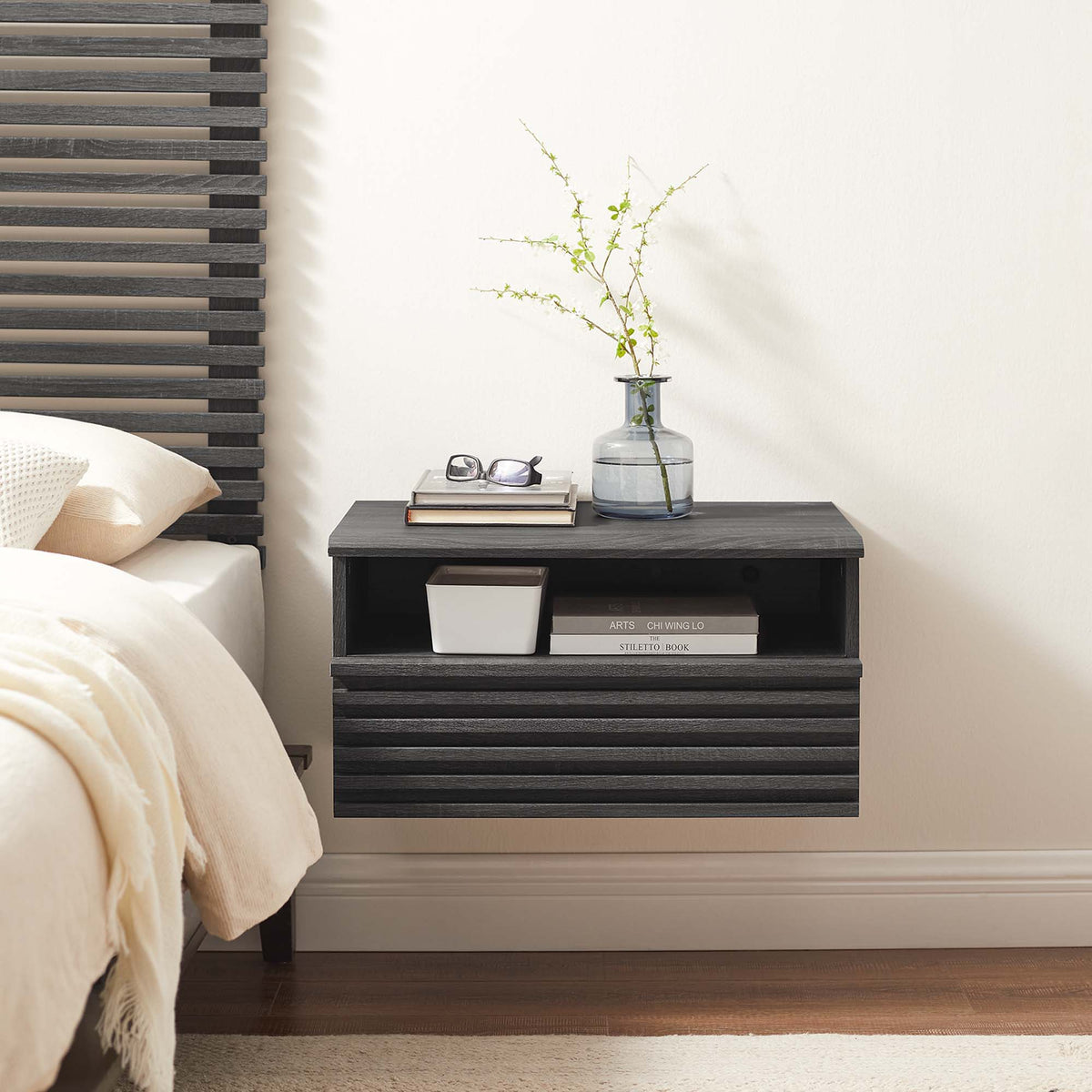 Render Wall-Mount Nightstand HouseOfZazla dark wood with stacked books and vase beside bed on Tampa Home & Garden Store