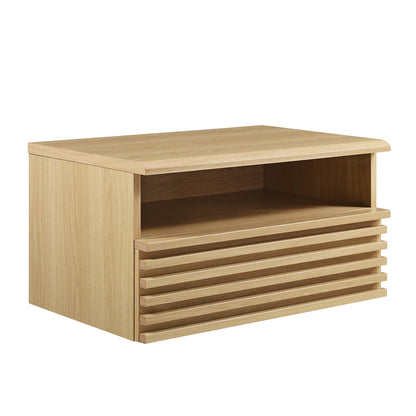 Render wall-mount nightstand with light oak finish, open shelf and slatted lower panel on Tampa Home & Garden Store